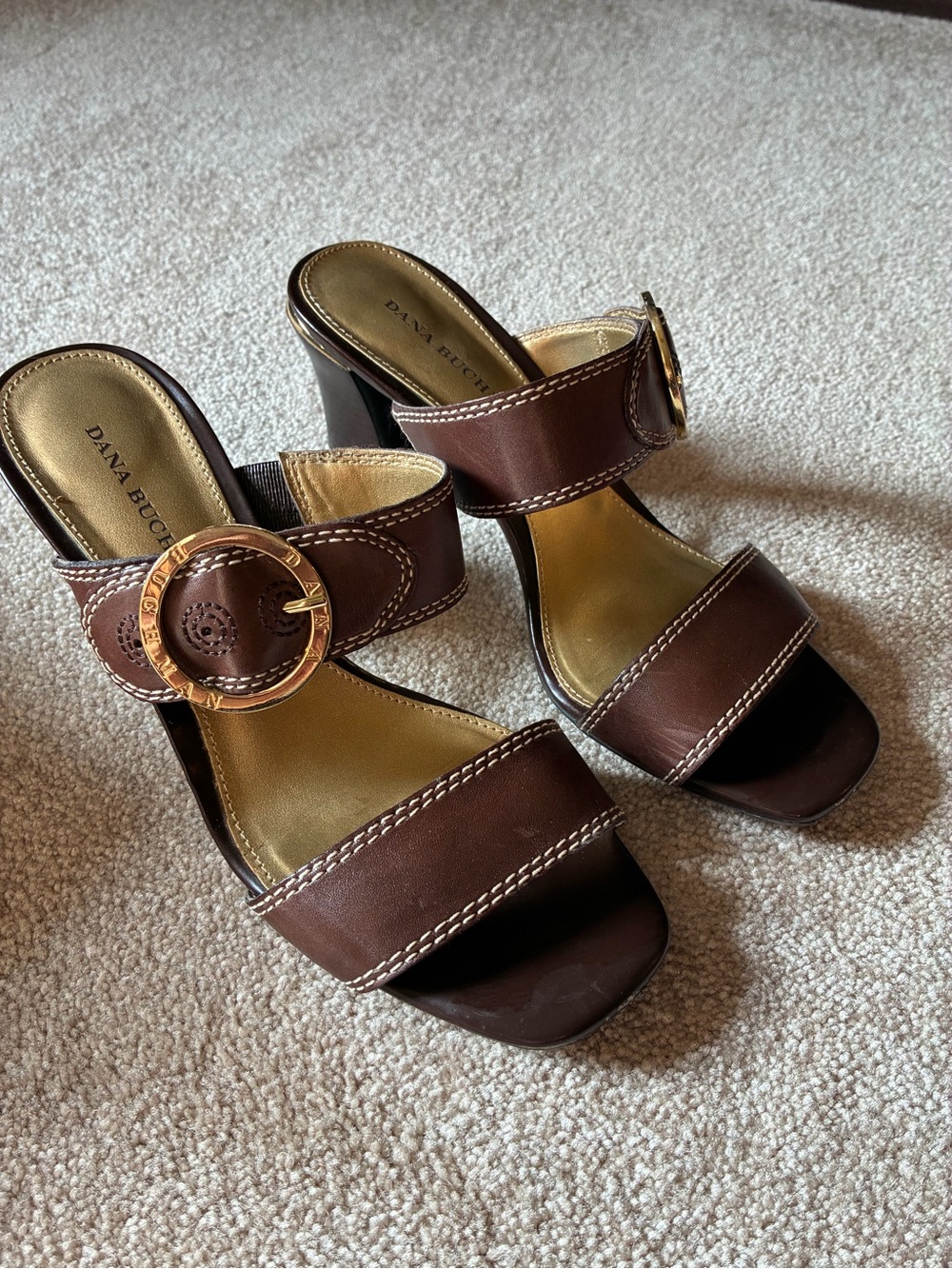 Dana Buchman Brown Leather Slide Mules with Gold Ring Buckle